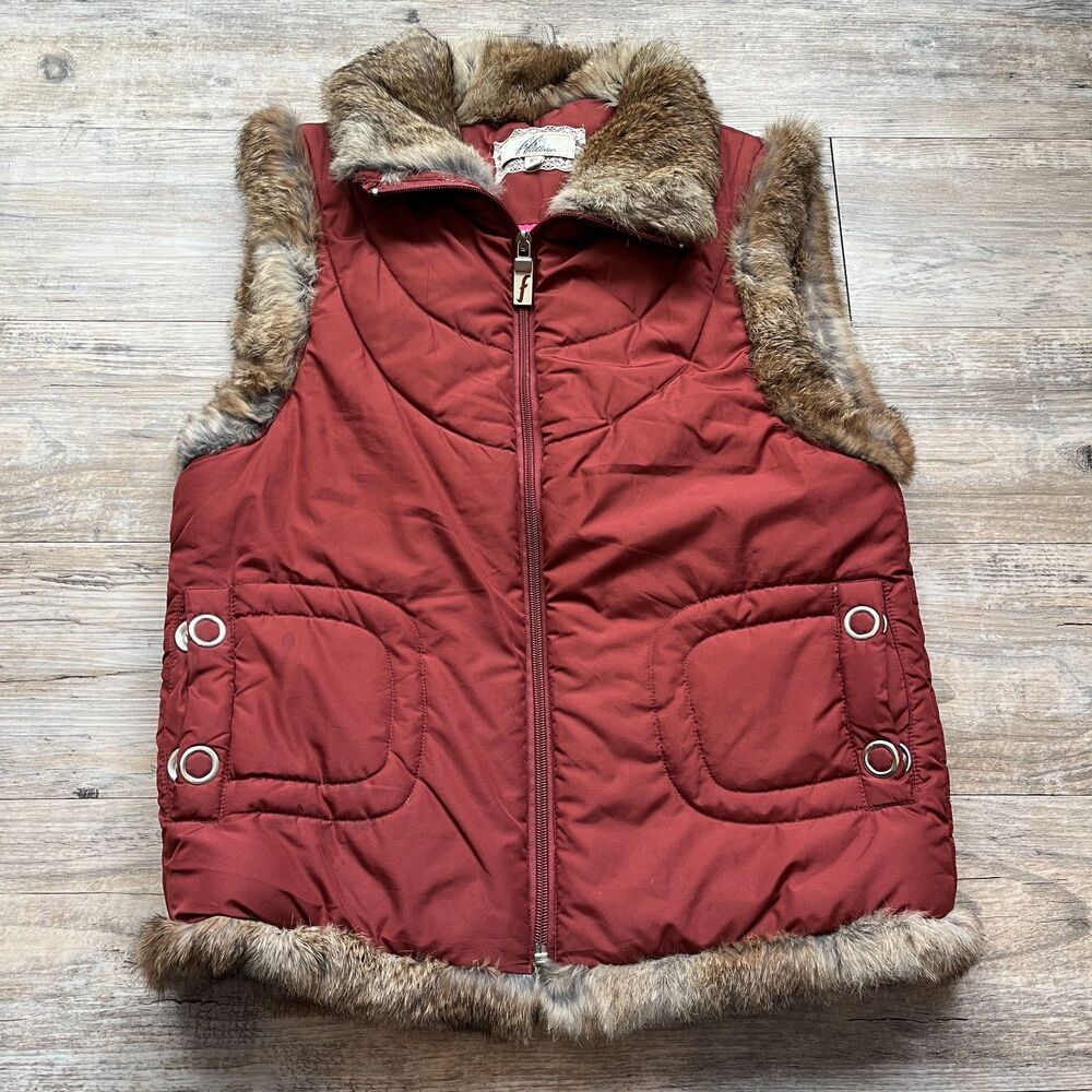 Vintage Y2K Vest Genuine Fur Red Down Fifi Collection Red Brown Zip XS 2000s